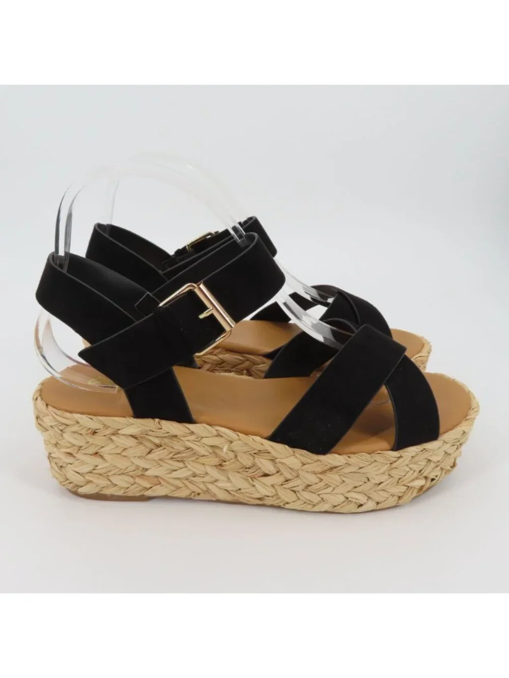 Qupid Women 9 Black Synthetic Strappy Woven Raffia Platform Wedge Sandals Shoes